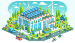 Illustration colorée en style cartoon d'une entreprise durable avec des panneaux solaires, une éolienne, des plantes vertes et des employés engagés dans des activités écologiques.