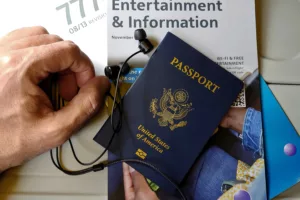 Un passeport américain bleu, des écouteurs noirs et une brochure de divertissement en vol, le tout tenu par une main.